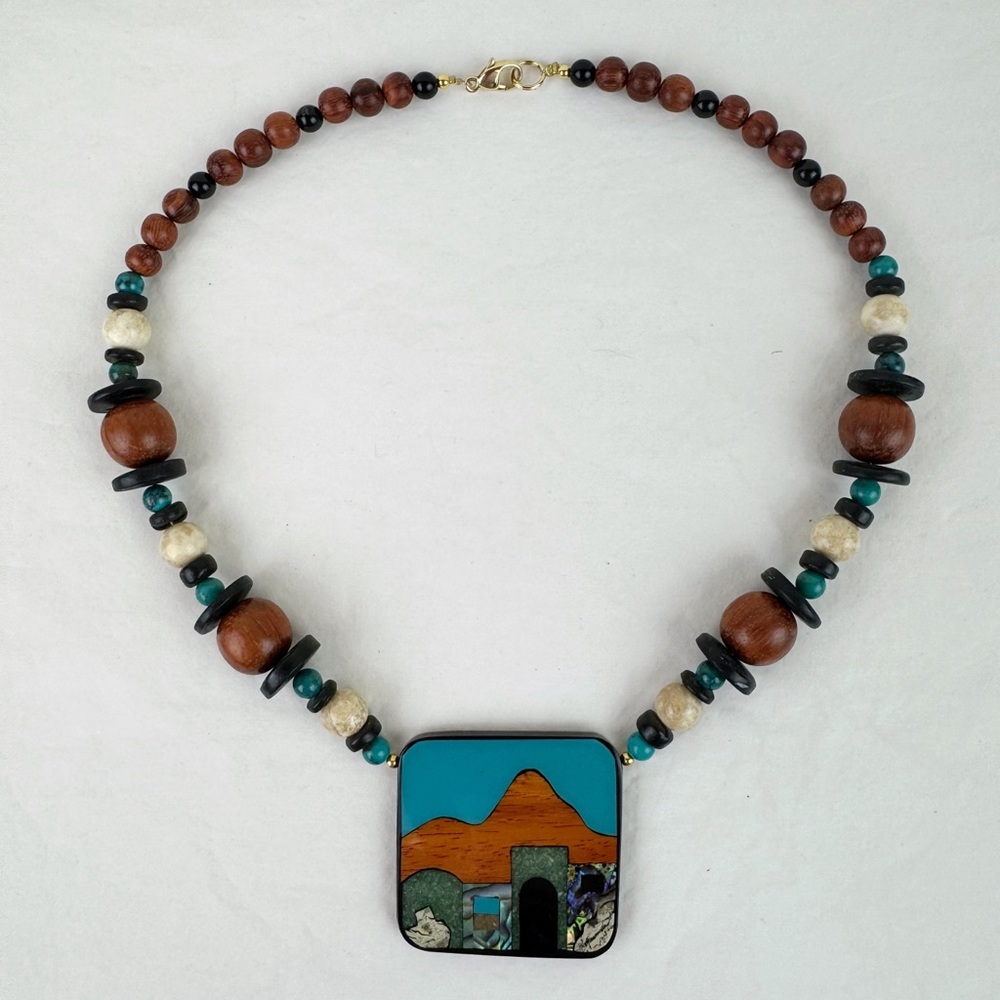 Vintage Adobe House Inlay Beaded Necklace